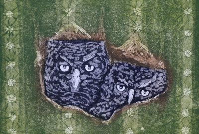 aquatint etchings of two owls