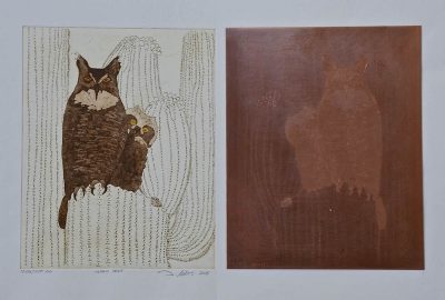 view from top - unique print - etching of owls